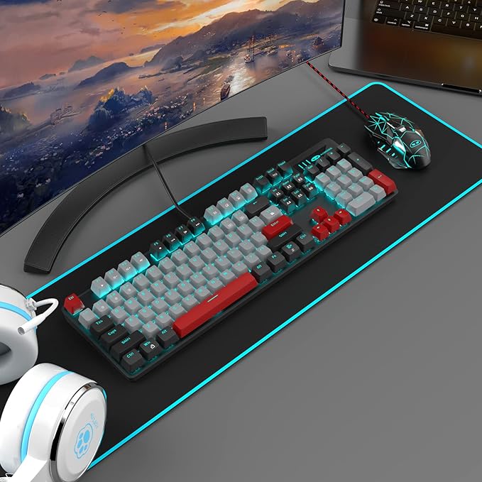 MageGee Mechanical Gaming Keyboard New Upgraded 104 Keys Blue Backlit Keyboards with Blue Switches USB Wired Mechanical Computer Keyboard for Laptop Desktop PC Gamers(Black &amp Gray)