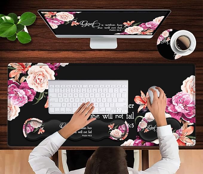 Large Mouse Pad with Wrist Support SetMemory Foam Keyboard Wrist Rest +XXL Extended Gaming Mouse Pad +Ergonomic Mouse Wrist Pad Peony Flower Psalm 46:5 Office Desk Pad for Women Men Gaming Mousepad