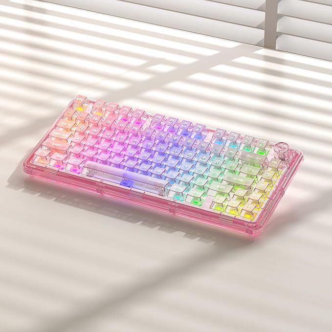 Transparent Mechanical Keyboard 80-Key RGB Backlit Wireless Gaming Keyboards Hot Swap Customizable Clear Acrylic Design Quiet Linear Switches 3 Modes BT5.0/2.4G/USB-C 4000mAh Battery (Pink)