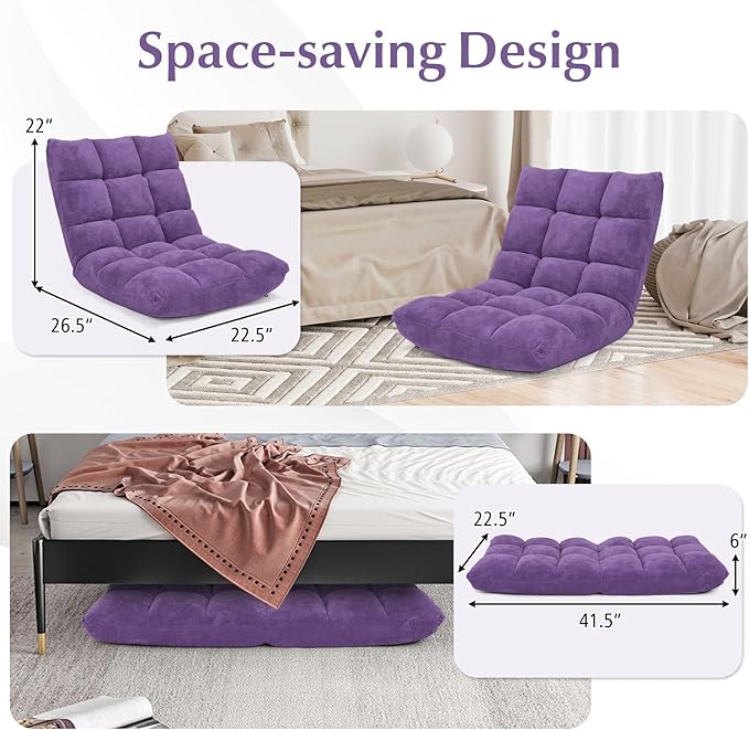 ARLIME Adjustable Floor Chair 14-Position Lazy Sofa Chair with Back Support &amp Thick Padding Portable Foldable Floor Couch for Adults Kids Use in Bedroom Living Room Home Theater (Purple)