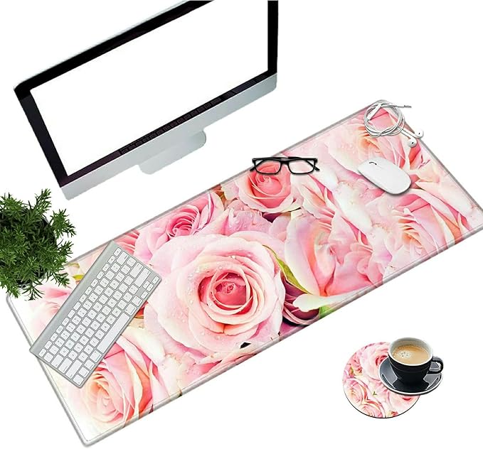 Desk Pad Mat Large Mouse Pad XL Extended Mousepad Gaming with Pink Rose 31.5 *11.8 Huge Mouse Pads for Computer Laptop Home Office + Cup Coaster