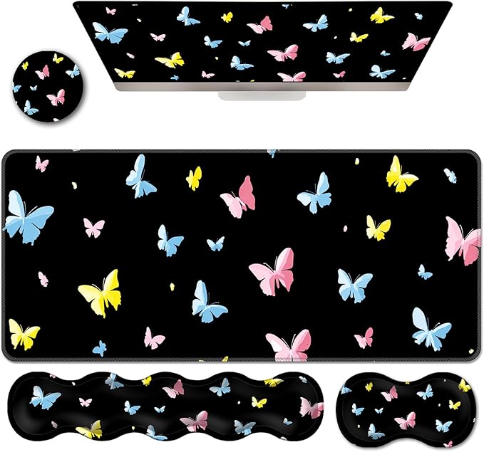 Ergonomic Keyboard Wrist Rest &amp Mouse Pad Wrist Rest SetXL Gaming Desk Mat 31.5x 11.8Non-Slip BaseMemory FoamEasy Typing Pain Relief for Office &amp HomeColorful Butterflies