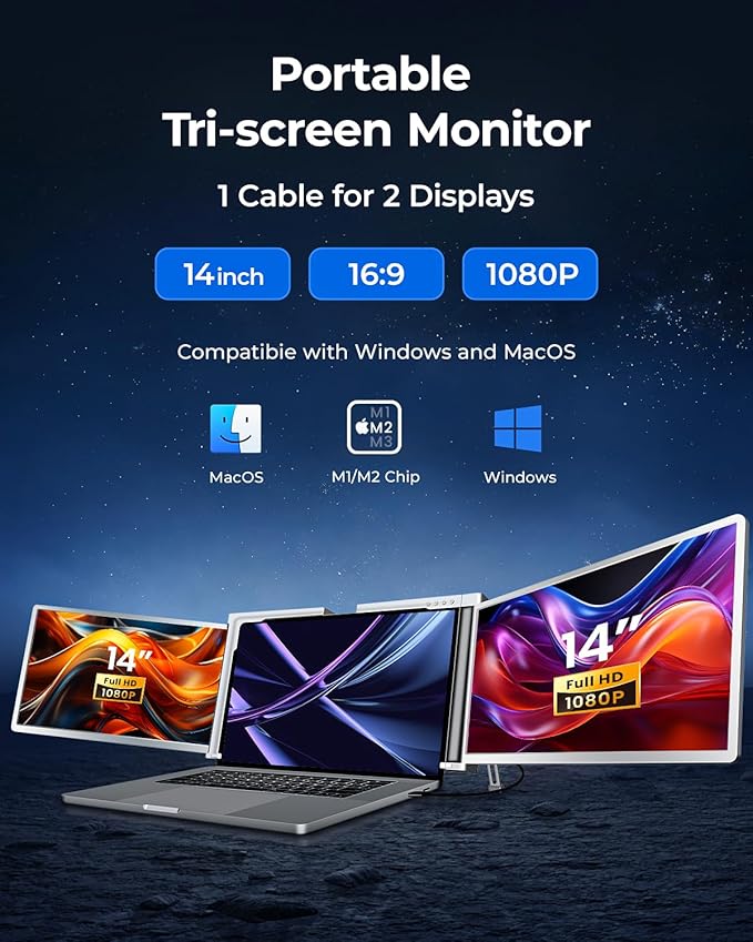 RayCue Triple Laptop Screen Extender[Only 1 Cable to Connect]14'' FHD 1080P 16:10 USB-C Laptop Screen Extender for Windows MacOS Plug and Play for 13-17.3'' Type-C/USB-A Laptop