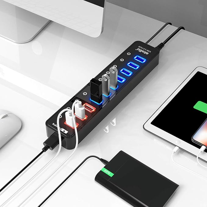 Powered USB 3.0 Hub USB 3.0 Data Hub 11 Ports - 7 USB 3.0 Data Ports + 4 Smart Charging Port with Individual On/Off Switches and 12V/4A Power Adapter USB Hub 3.0 Splitter