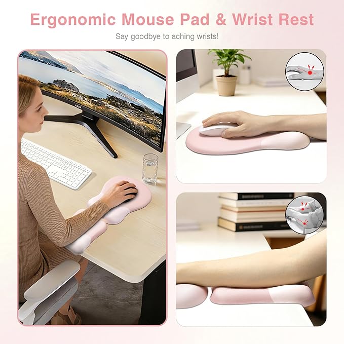 Ospelelf Mouse Pad with Wrist Rest Set Foam L-Shaped Desk Elbow Pad Ergonomic Desk Edge Cushion Anti-Slip Rubber Bottom Office Women Desk Accessories for Computer Laptop and Gaming Pink