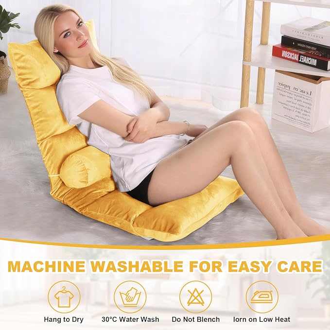 Folding Floor Chair 5-Position Cushioned Adjustable Lazy Sofa Foldable Floor Lounger for Adults Kids Gaming Reading Meditating (Yellow)