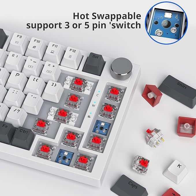 Fogruaden Wired 75% Percent Mechanical Keyboard Hot Swappable Red Switch TKL Mechanical Keyboard Gasket Mount RGB Backlit Compact Gaming Keyboard with Volume Knob(GreyWhite)