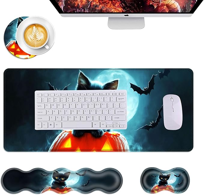 Mouse PadLarge Desk Mat Set 4in1 XL Mousepad + Keyboard Wrist Rest+Mouse Wrist Rest+Coaster with Ergonomic Desk Pad for Home Office Table Computer Cover -Halloween Kitten and Bats