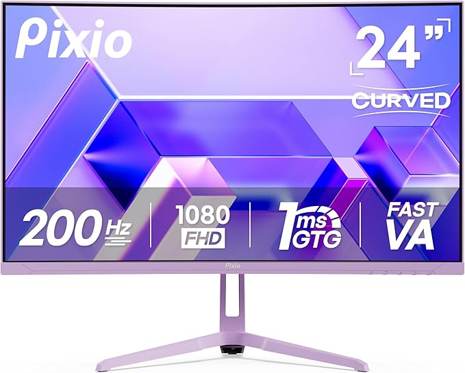 Pixio PXC248WAVE Purple 24 inch 200Hz Refresh Rate FHD 1080p Resolution 1500R Curve Fast VA Panel 1ms GTG Response Time HDR Curved Gaming Monitor and PS1S Wave Purple Single Monitor Arm