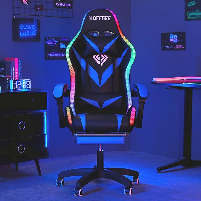 HOFFREE Gaming Chair Massage with Bluetooth Speakers and Led Lights Ergonomic Computer Gaming Chair with Footrest RGB Video Game Chair with High Back Lumbar Support Blue and Black