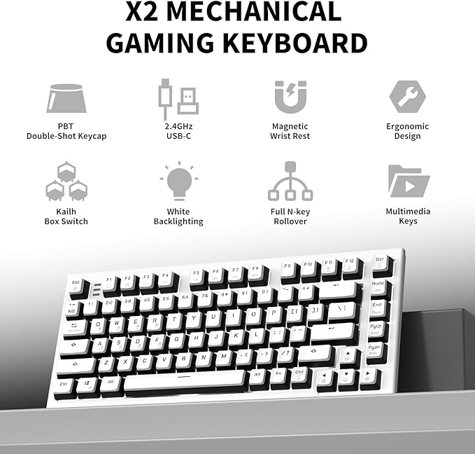 Hexgears X2 TKL Wireless Mechanical Gaming Keyboard with Magnetic Wrist Rest Dual-Mode 2.4GHz/USB-C Ergonomic Keyboard Pre-lubed Tactile Switches White LED Backlit Computer Gaming Keyboards