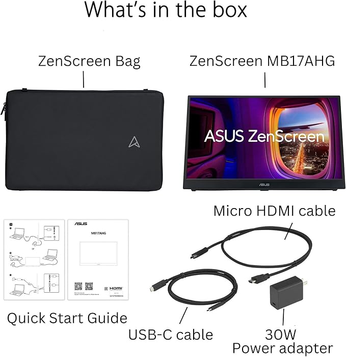ASUS (MB17AHG ZenScreen 17” 1080P Portable USB Monitor - Full HD IPS 144Hz USB Type-C FreeSync Premium Eye Care L-Shaped Kickstand Tripod Mountable HDMI FSC Certified 3-Year WarrantyBlack