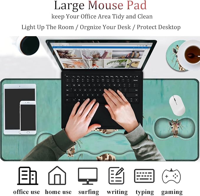 4 in 1 Mouse Pad Combo Large Gaming Mouse Pad + Keyboard Wrist Support + Mouse Wrist Rest + Coaster Table Pad with Stitched Edge Memory Foam Ergonomic Wrist Pad Set Giraffe with Floral Headgear
