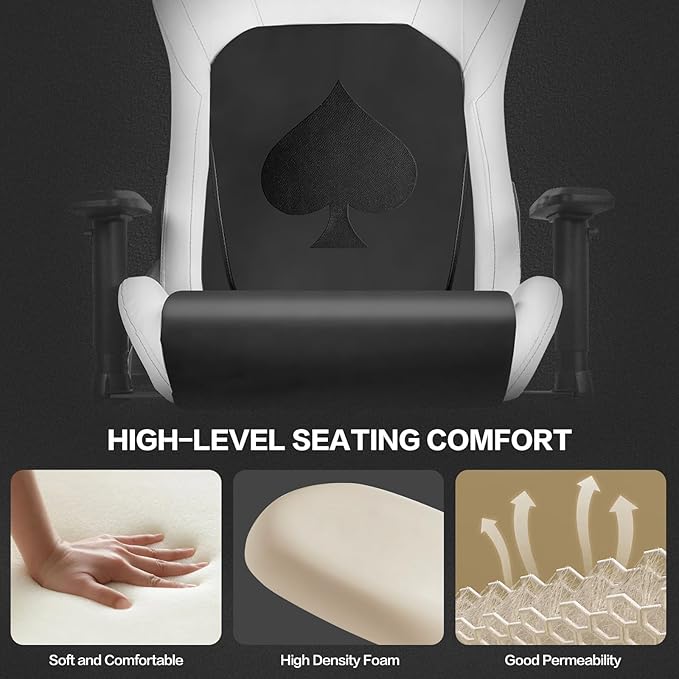 Modern-Depo Ergonomic Video Poker Gaming Chair Recliner with Texas Hold'em Sign Swivel Chair with Poker Logo Lumbar Support Headrest Height Adjustable for Study Home Office White Black Poker 4