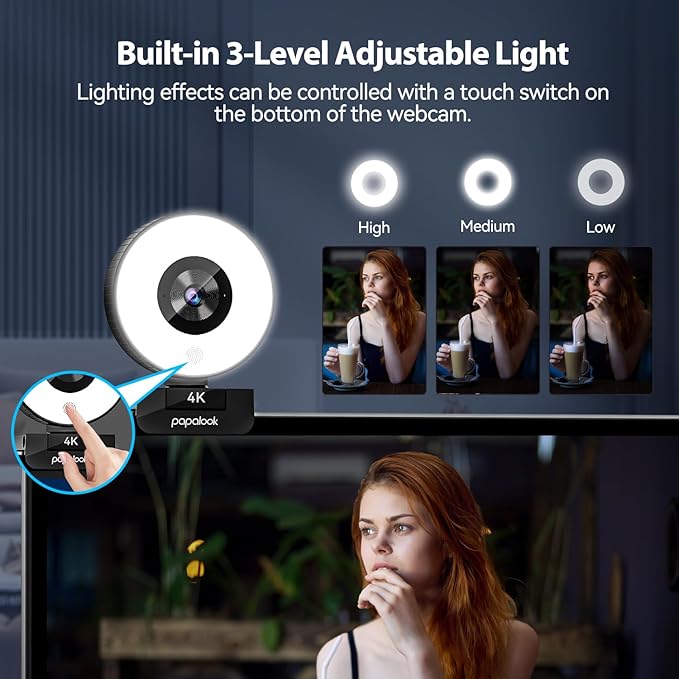 papalook 4K Autofocus Webcam with Light UHD Web Camera with Remote Control and Dual Noise-Cancelling Mics Plug and Play USB Webcams for PC Laptop Zoom Skype Teams Google Meet