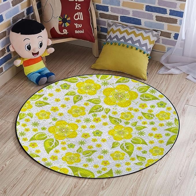 Exotic Marble Round Area Rug Throw Rugs Soft Washable Small Round Floor Mats for Bedroom Living Room Lemons Simplistic Citrus FruitsGreen Yellow White Diameter 43.3 in
