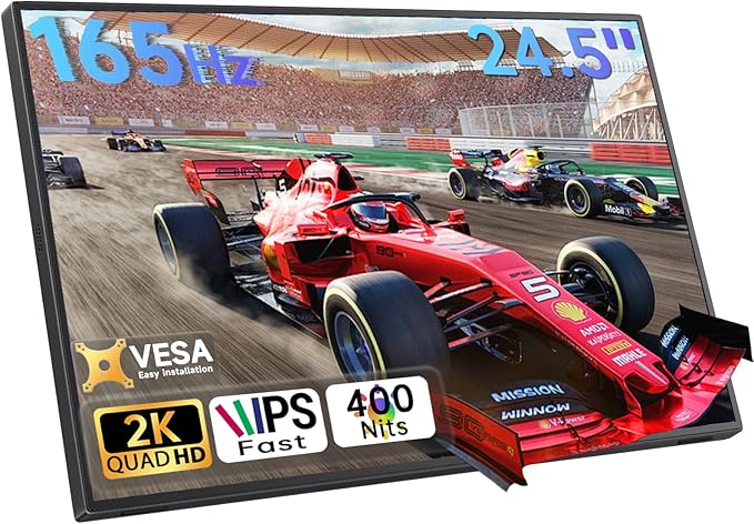 24.5 2K Portable Monitor 165Hz Gaming Monitor with 100% sRGB IPS Panel Built-in Adjustable Stand &amp VESA Mount USB-C HDMI External Second Screen for Laptop PC Phone Xbox PS5 Switch