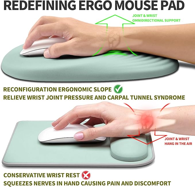 Hokafenle Ergonomic Mouse Pad Wrist Support Terraced Slope Carpal Tunnel Wrist Pad for Mouse with Unibody Memory Foam Wrist Rest Pain Relief Mousepad (Light Cyan 11.8x7.9 in)