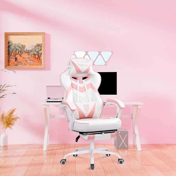 Vonesse Gaming Chair High Back Pink Gaming Chair with Footrest and Massage Gaming Chairs for Adults with Pocket Spring Cushion Big and Tall Reclining Computer Chair with Lumbar Support (White/Pink)