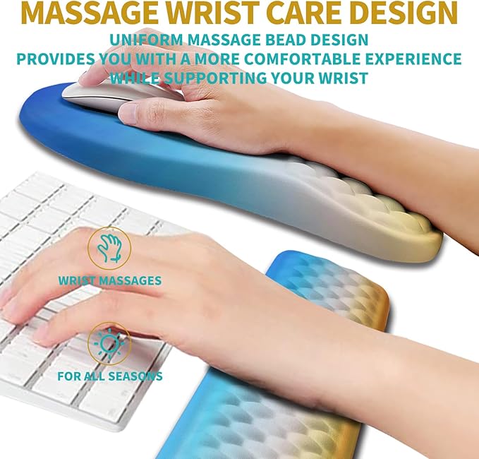 Hokafenle 2 in 1 Ergonomic Mouse Pad Wrist Support &amp Wrist Rest for Computer Keyboard Set with Relieve Carpal Tunnel Pain Massage Bulge and Full Memory Gel Design (2In1 Set Morning Sky)