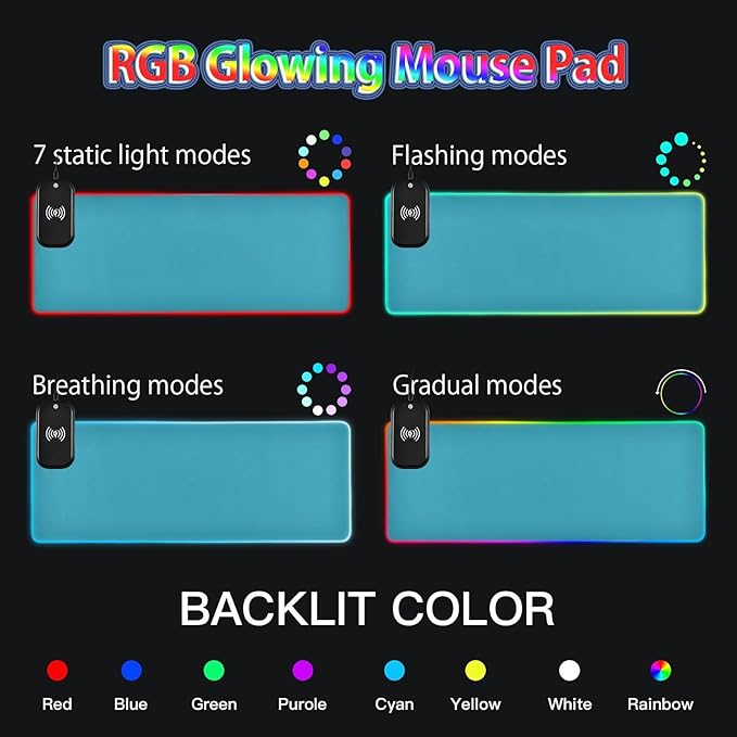 Blue Mouse Pad Gaming Mousepad Non Slip Desk Mat Wireless Charging RGB Computer Mouse Pads Keyboard Mats Pad for Office Home Desktop 35.4 x 15.7 in