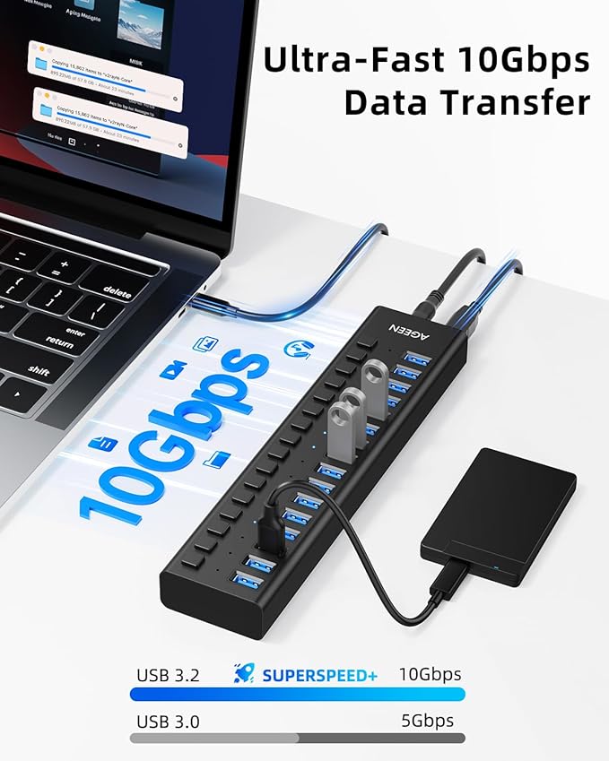 AGEEN 16-Port USB 3.2 Gen 2 Hub 10Gbps High-Speed Aluminum Powered Hub with 96W Adapter Individual Switches &amp Surge Protection for PC/Laptop Flash Drive Printer Camera