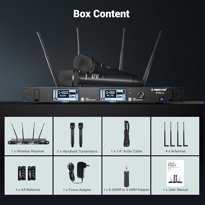 Phenyx Pro Dual-Channel Wireless Microphone System Dynamic Mics w/ID Lock Tunable Power Level Auto Scan Spectrum Analyzer True Diversity Cordless Handheld for Singing DJ Karaoke (PTAU-2)
