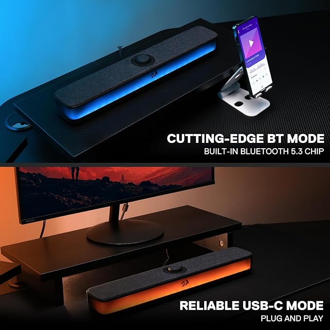 Redragon GS515 RGB Desktop Soundbar 2.0 Channel Stereo Computer Speakers for Desktop with BT 5.3 USB-C/USB Powered Black
