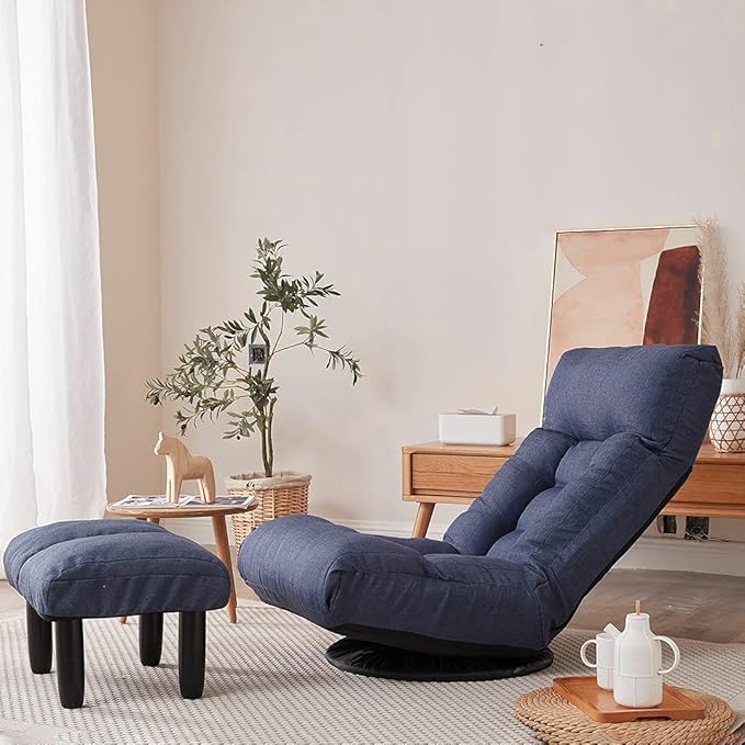 Chaise Lounge Indoor with Ottoman 360° Swivel Video Game Chairs Folding Chair Indoor with Adjustable Backrestwith Floor Gaming Chair for Bedroom Living Room Floor Sofa Navy Blue