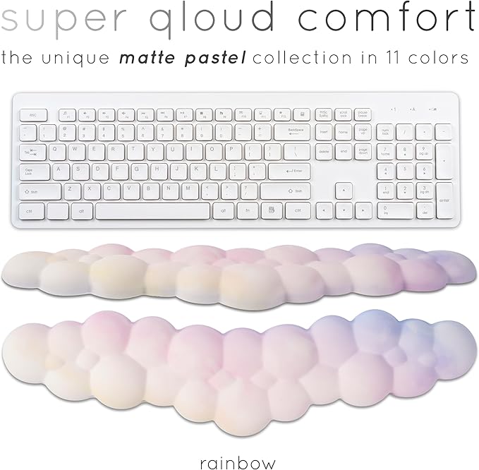 Qloud Cloud Wrist Rest Keyboard Wrist Rest for Computer Keyboard Pad Cloud Keyboard Wrist Rest Wrist Pad for Keyboard Memory Foam Non Slip Base Comes with Mouse Pad - Rainbow