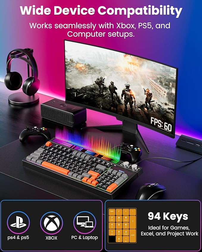 SABLUTE Keyboard Gaming - Audio-Sync RGB Light Strip 19-Key Anti-Ghosting Dual Control Knobs Adjustable Stand Ultra-Low Latency Quiet Mechanical Feel for PC Gamers（Black