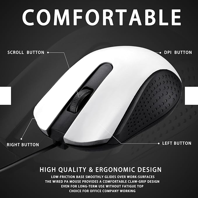 Hoteam 12 Pcs White Wired Computer Mouse Bulk Cord USB Computer Mice Ergonomic Wired Mouse for Pcs Computers Laptops Gaming Office Home Supplies