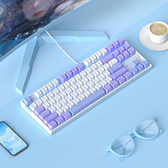MageGee 75% Mechanical Gaming Keyboard Red Switch LED Blue Backlit 87 Keys Compact TKL Wired Computer Keyboard for Windows Laptop PC Gamer - White/Purple