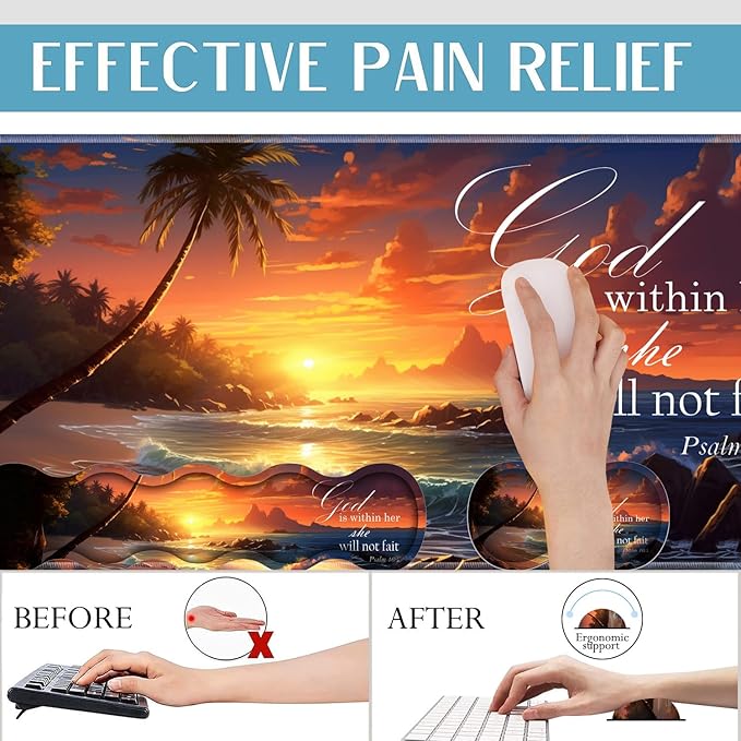 4 in 1 Mouse Pad Combo Large Gaming Mouse Pad + Keyboard Wrist Support + Mouse Wrist Rest + Coaster Table Pad with Stitched Edge Ergonomic Wrist Pad Set Twilight Beach Bible 46:5