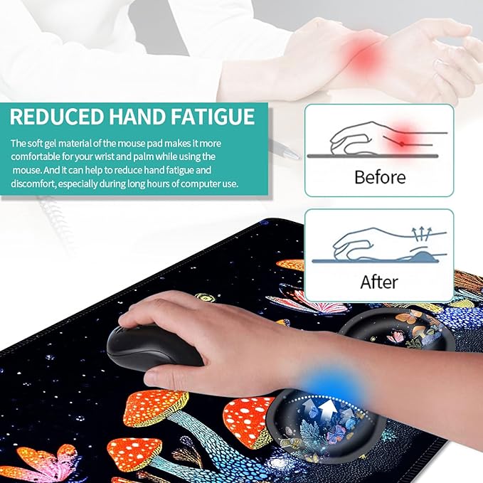 Keyboard Mouse Pad Set Extended Gaming Mouse Pad+Ergonomics Keyboard Wrist Rest Support Memory Foam Easy Typing Pain Relief 4Pcs XL Ultra Thick Desk MatGlow Mushroom Butterfly