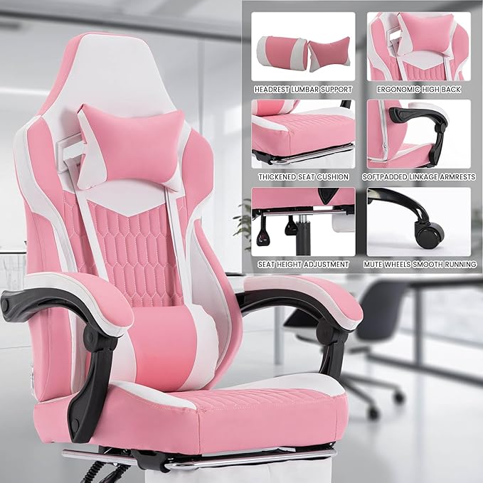 Gaming Chair with Footrest Ergonomic Gamer Chair with Adjustable Lumbar Support &amp Headrest Computer Chair for Adults High Back Video Game Chairs for Home Office PC Gaming Chair (Pink)