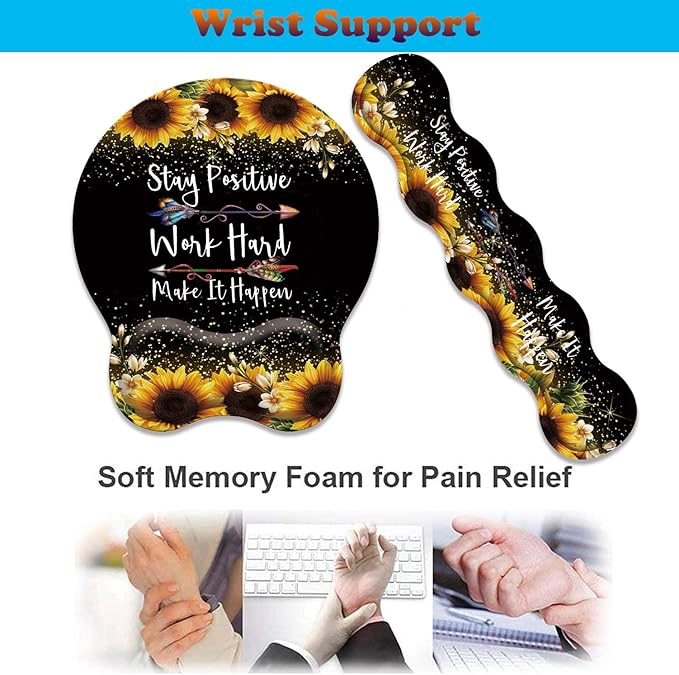 3 in 1 Keyboard Wrist Rest + Mouse Pad and Coaster Ergonomic Gel Mouse Pad and Keyboard Pad Set Comfortable Lightweight for Easy Typing Pain Relie Sunflower Inspirational Quote