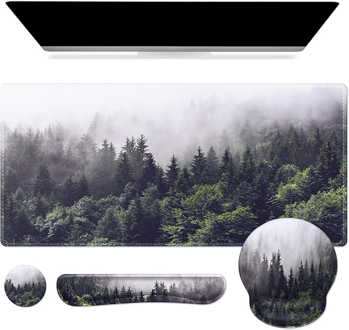iCasso Desk Mat Gaming Mouse Pad Wrist Support Set4in1 XXL Large Mousepad + Keyboard Wrist Rest+Mouse Wrist Rest+Coaster Set with Ergonomic Design for Home Office Table Computer-Forest