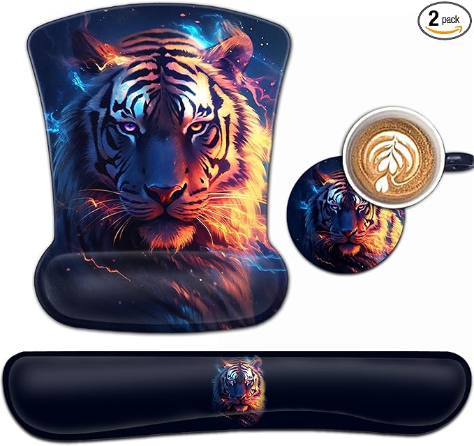 Keyboard Wrist Rest and Mouse Pad Wrist Support Set Ergonomic Gel Mouse Pad Wrist Rest with Non-Slip Base for Home Office Desk Pad Easy Typing Mystic Tiger Nebula Pattern Black Gaming Mouse Mat