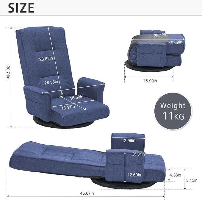 FLOGUOR 360 Swivel Gaming Chair 14-Position Adjustable Folding Floor Sofa with Armrests Lounger Bed for Home &amp Living Room Chaise Lounge Indoor for Adults (Blue-1)