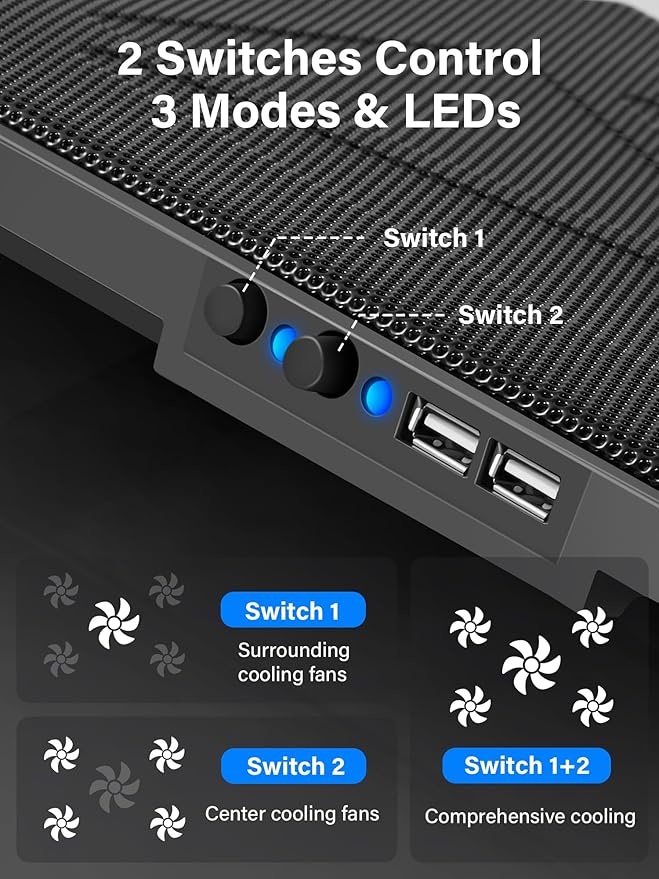 Kootek Laptop Cooling Pad Laptop Cooler with 5 Quiet Fans for 12-17 Computer PC Notebook Gaming Laptop Fan Height Adjustable Laptop Cooling Stand Laptop Accessories Blue