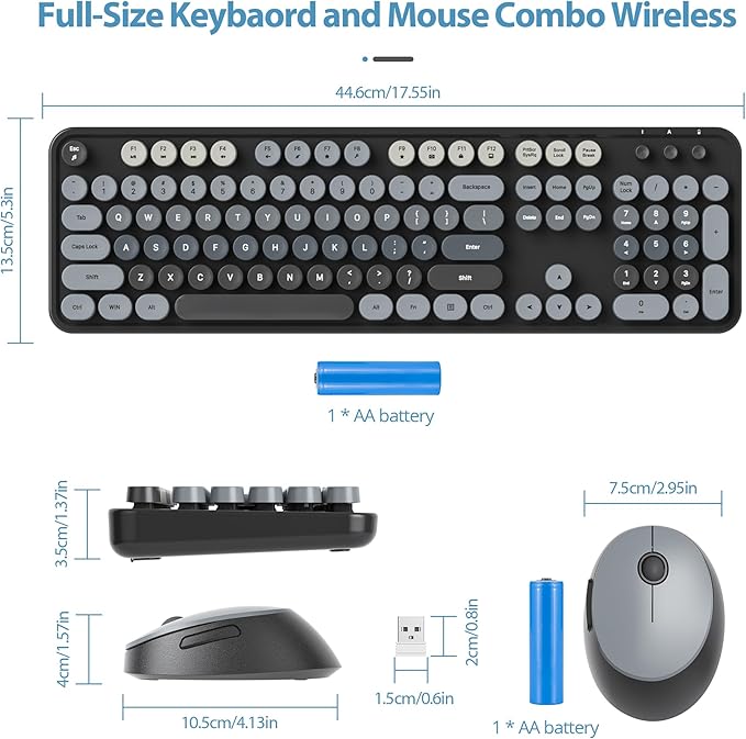 Owpkeenthy Retro Keyboard and Mouse Wireless Cute Black Keyboard with Retro Typewriter Style Full-Sized with Number Pad Round Keys for Desktop Laptop and Computerr (Gradient Dark)