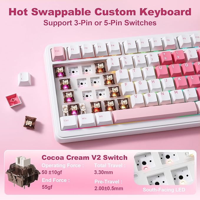 YUNZII B75 PRO MAX QMK/VIA Wireless Mechanical Keyboard75% Layout with Screen and KnobHot Swap GasketCreamy Pre-lubed SwitchesBluetooth/Type-C/2.4G for Win/Mac(White HeartCocoa Cream V2 Switch)