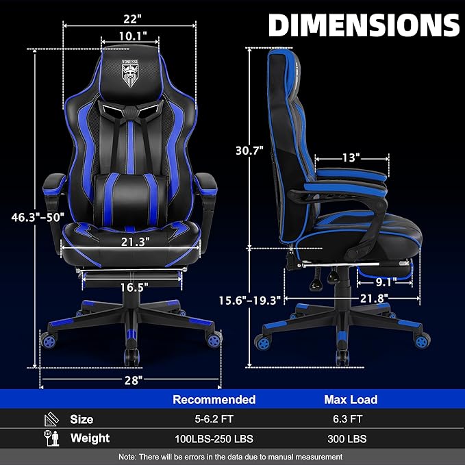 Vonesse Gaming Chairs for Adults Gamer Chair with Footrest and Massage Reclining Big and Tall Ergonomic Gaming Chair Computer Chairs for Heavy People 300LBS (Blue/Black)
