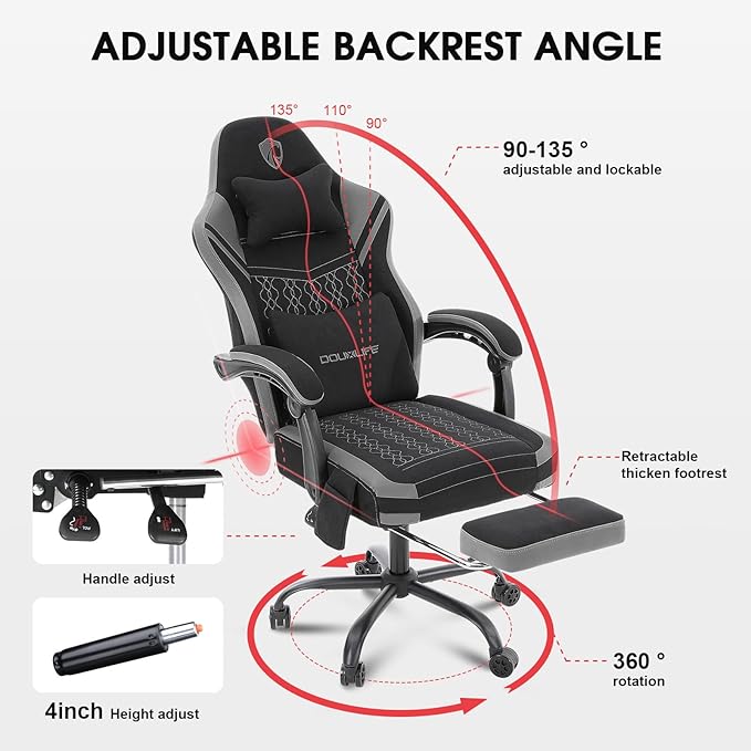 Gaming Chair Fabric Computer Chair with Massage Office Chair with Pocket Spring Widened Cushion High Back Ergonomic Chair with Footrest Lumbar Support Upgraded Metal Legs 350LBS (Grey)
