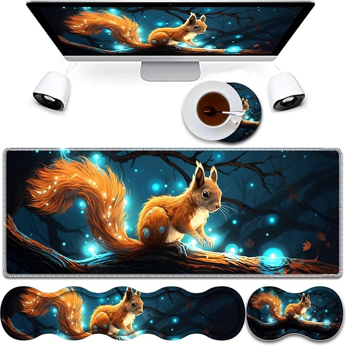 4 in 1 Mouse Pad Combo Large Gaming Mouse Pad + Keyboard Wrist Support + Mouse Wrist Rest + Coaster Table Pad 31.5 x 11.8 with Memory Foam Ergonomic Wrist Pad Set Glowing Squirrel