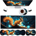 4 in 1 Mouse Pad Combo Large Gaming Mouse Pad + Keyboard Wrist Support + Mouse Wrist Rest + Coaster Table Pad 31.5 x 11.8 with Memory Foam Ergonomic Wrist Pad Set Glowing Squirrel