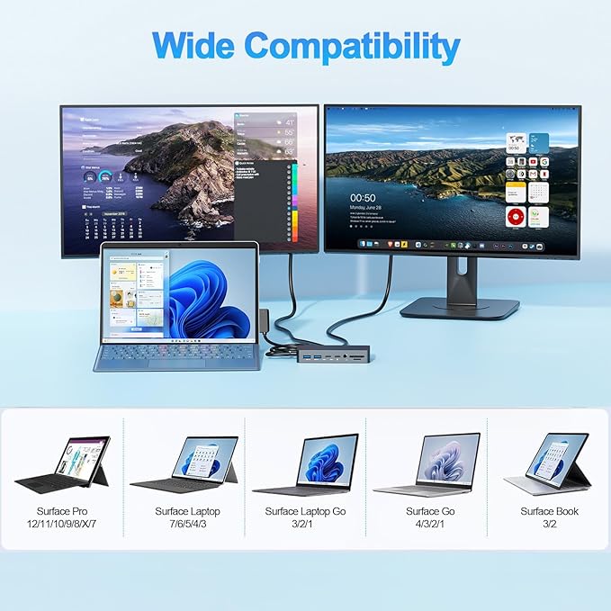 Surface Thunderbolt 4 Dock Triple Displays 11 in 1 Surface USB4 Dock Docking Station with 4K HDMI+DP+VGA for Surface Pro 12/11/10/9/8/X/7+/7 Laptop 7/6/5/4/3 Laptop Studio 2/1 Go 4/3/2/1