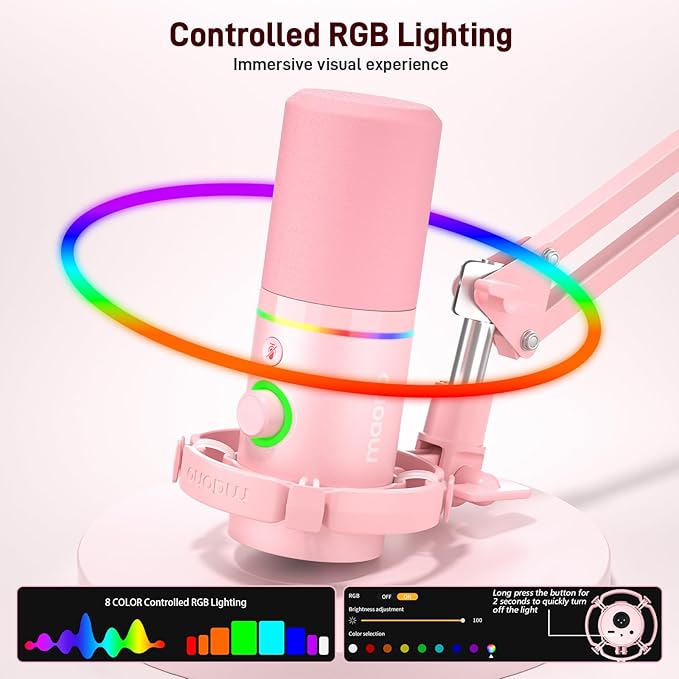 MAONO XLR/USB Dynamic Microphone Kit RGB Gaming Mic with Software Mute Gain Knob Volume Control Boom Arm for Streaming Podcasting Voice-Over Recording-PD200XS Pink