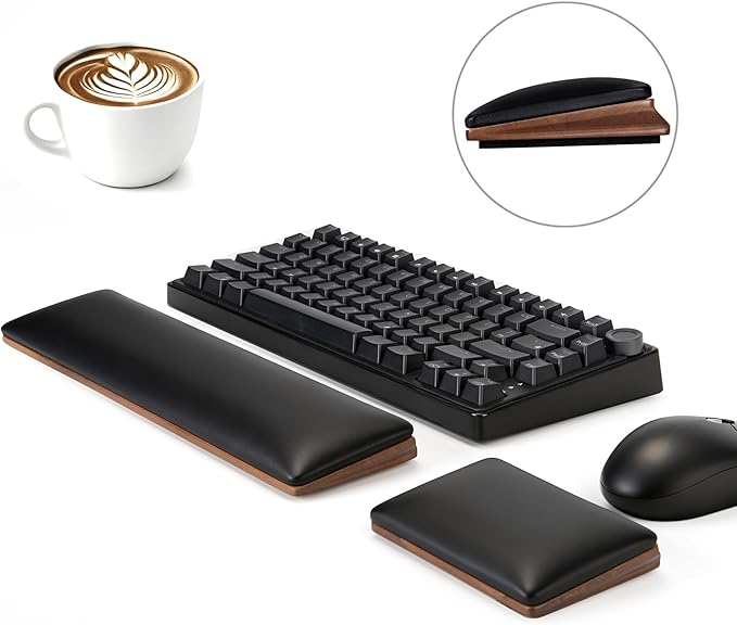 ASFSKY Keyboard and Mouse Wrist Rest Set for 60%-75% Compact Keyboards – Ergonomic Wooden Support Pad with PU Leather &amp Memory Foam Anti-Slip Rubber Base for Gaming Office &amp Typing Pain Reli